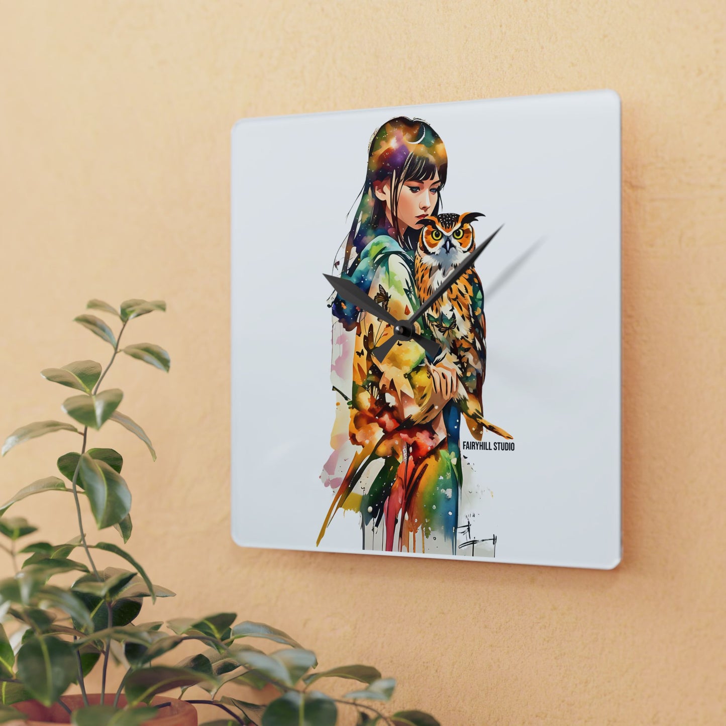 Acrylic Wall Clock -Girl with Owl Art