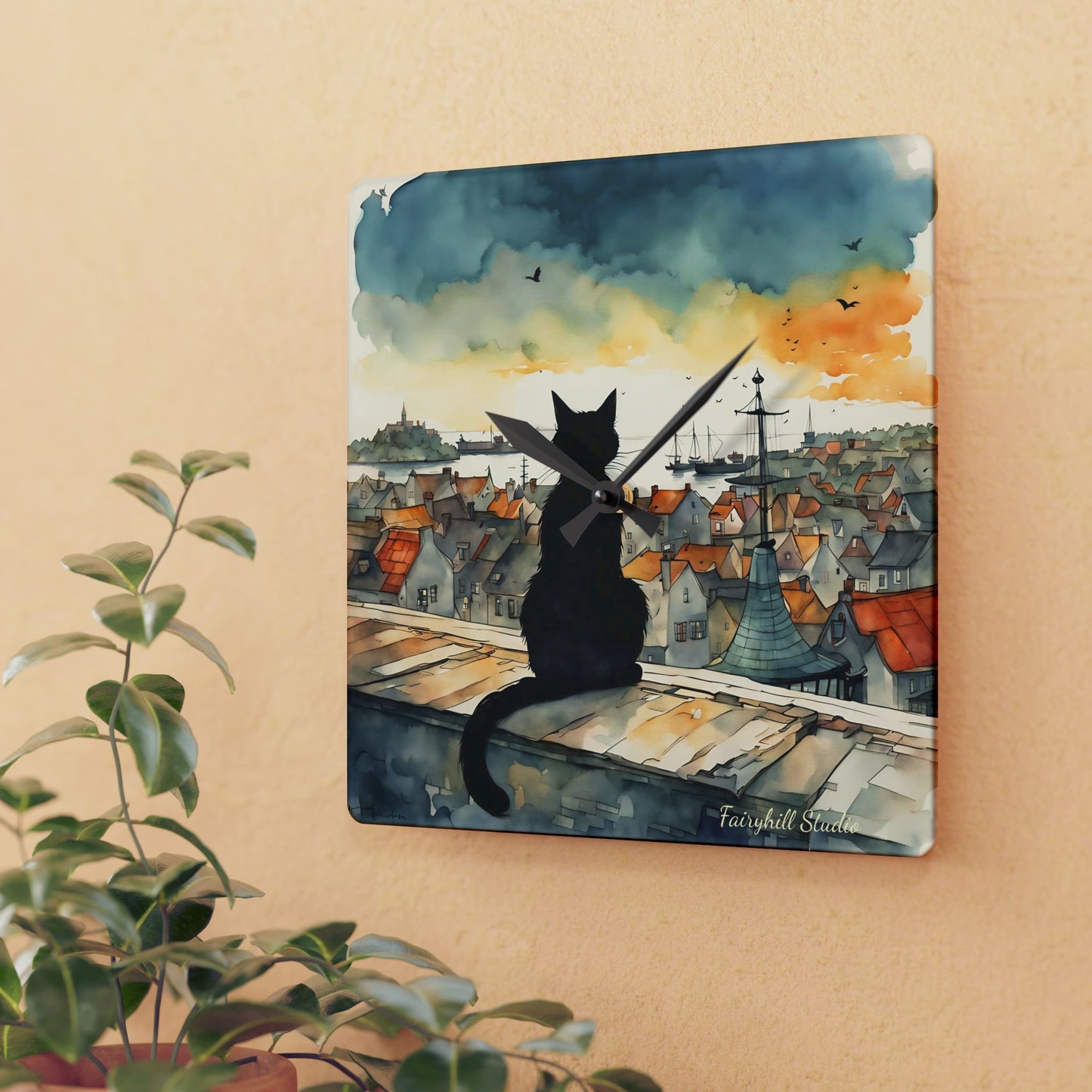 Black Cat on a roof top - by Fairyhill Studio  Wall clock  Gift   Acrylic Wall Clock