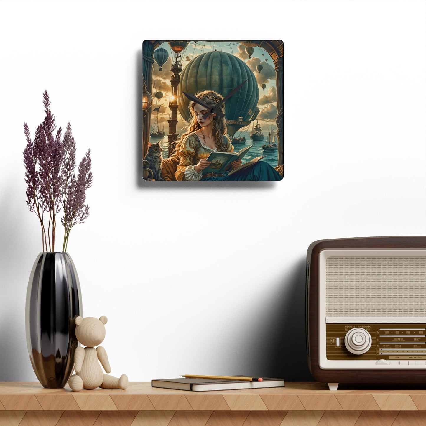 Hot Air Balloons and Girl reading a book to a cat  Acrylic Wall Clock