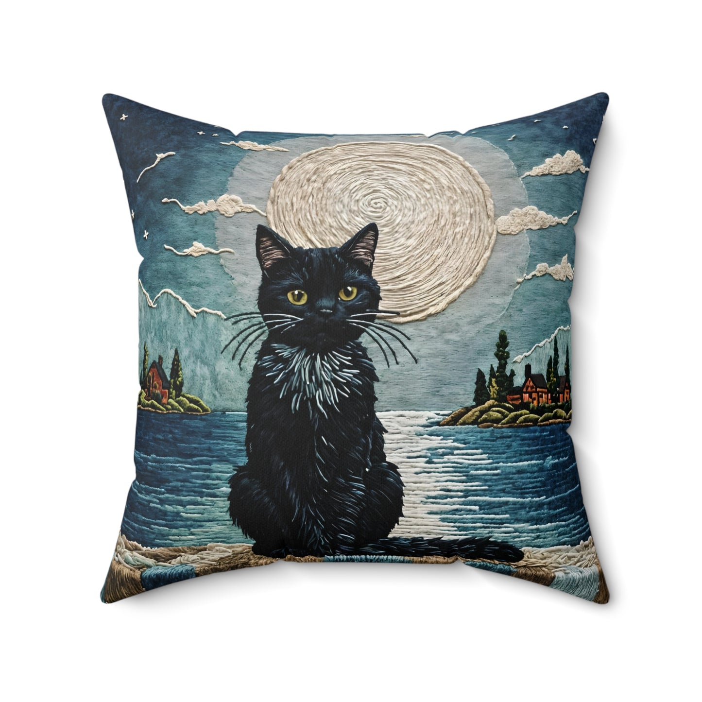 Square Pillow - Cute Black Cat Sitting on Wall Sea View Moonlight Design