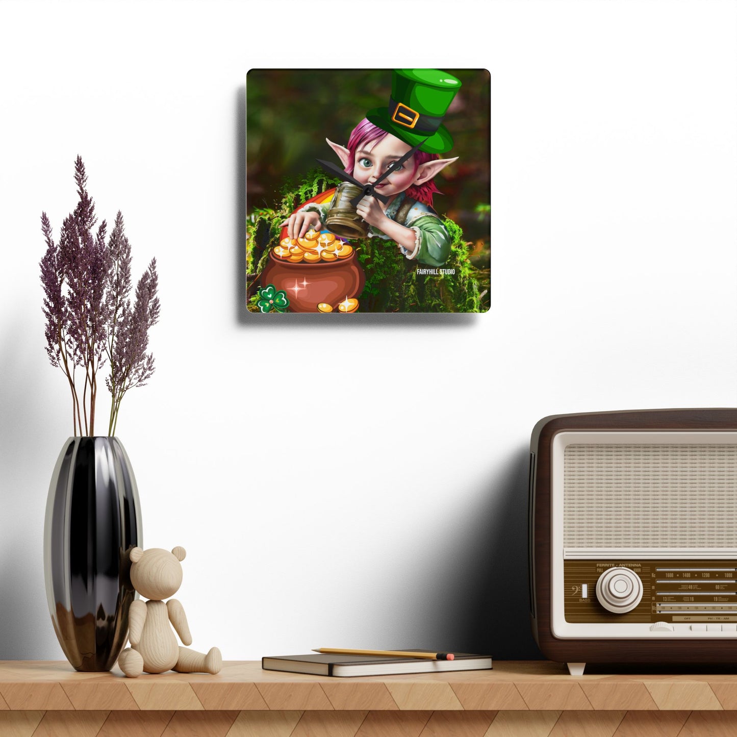Acrylic Wall Clock Irish Elf with pot of gold/Art