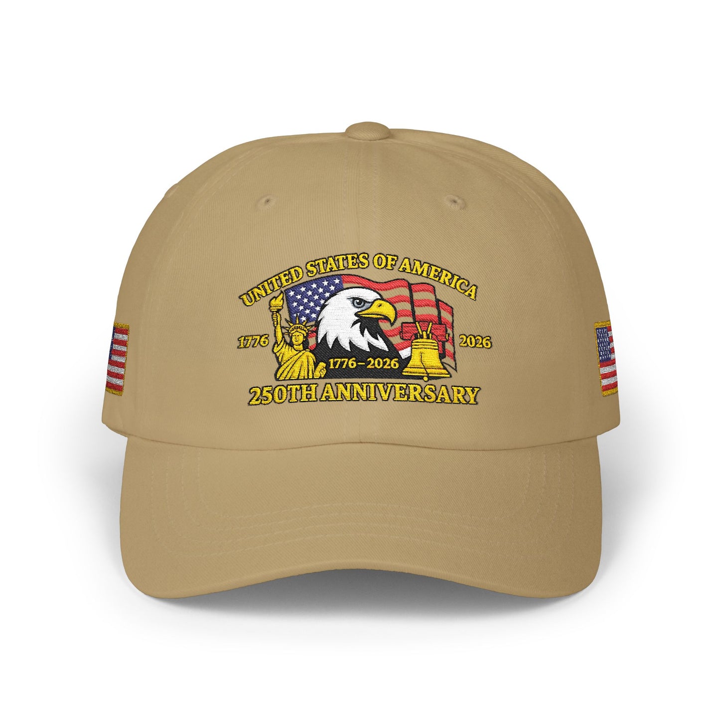 250th Anniversary USA Flag Patch Hat – Embroidered Gold Border Edition (1776–2026) – Classic White Baseball Hat