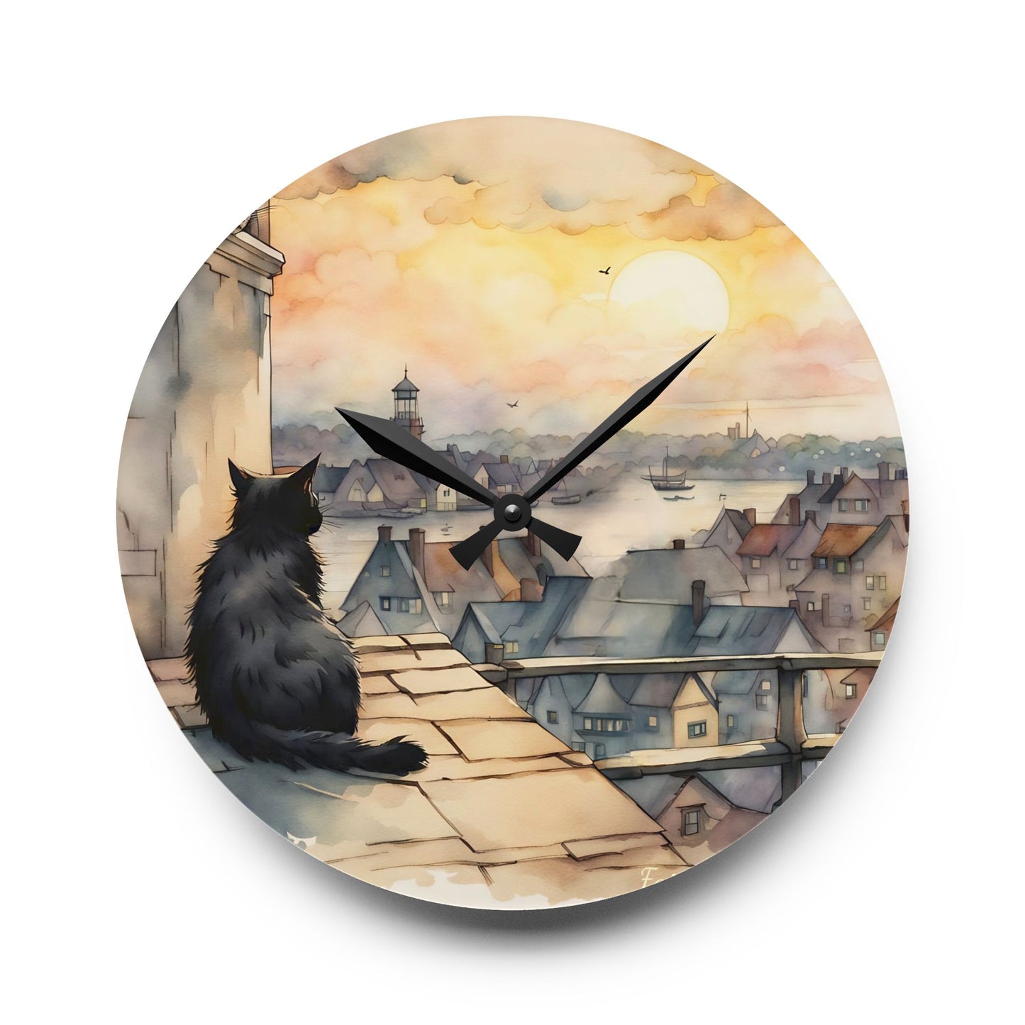 Black Cat on a roof top - by Fairyhill Studio  Wall clock  Gift   Acrylic Wall Clock