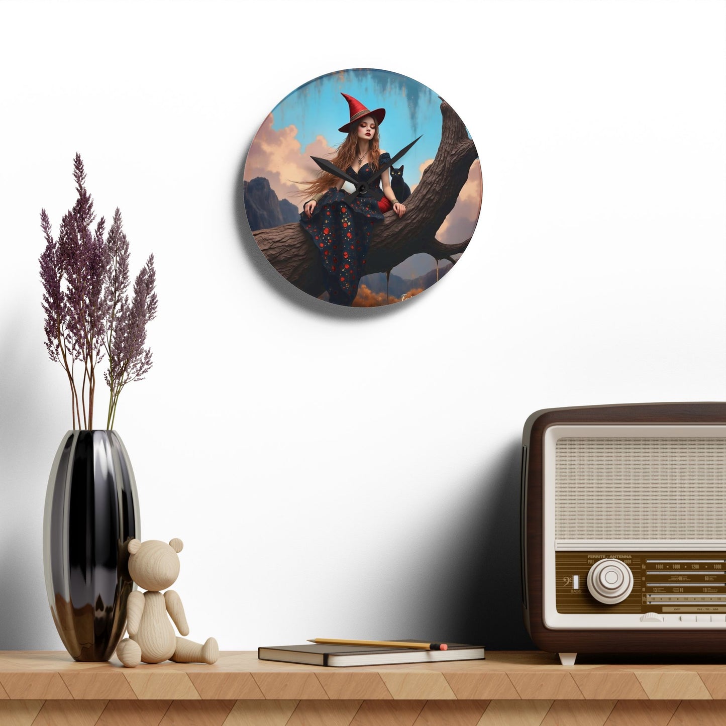 Elegant witch with black cat Wall clock  Gift   Acrylic Wall Clock