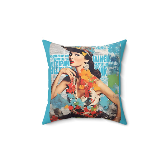 Square Pillow Colorful Fashion Model with Hat Collage Art