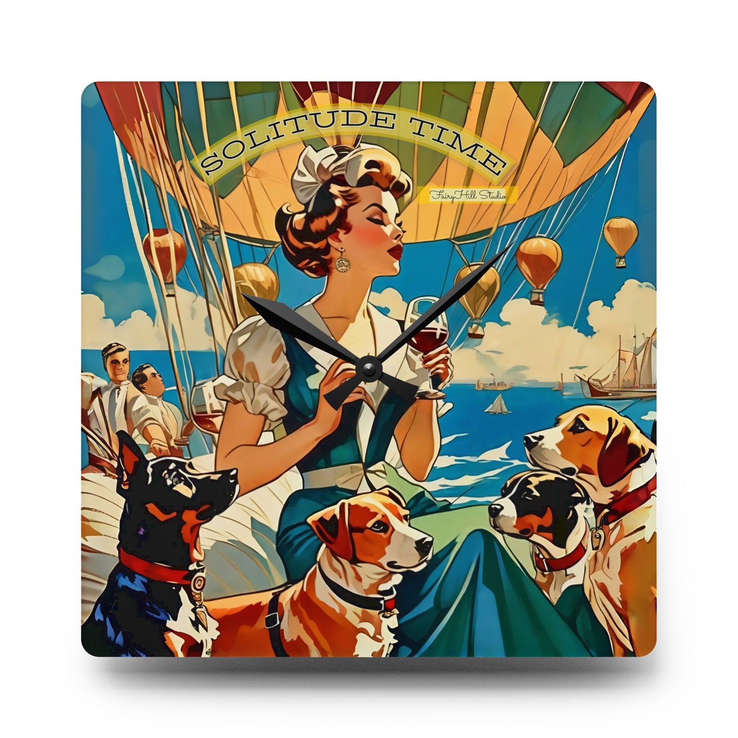 Wall Clock Vintage Nautical Art Woman and Dogs