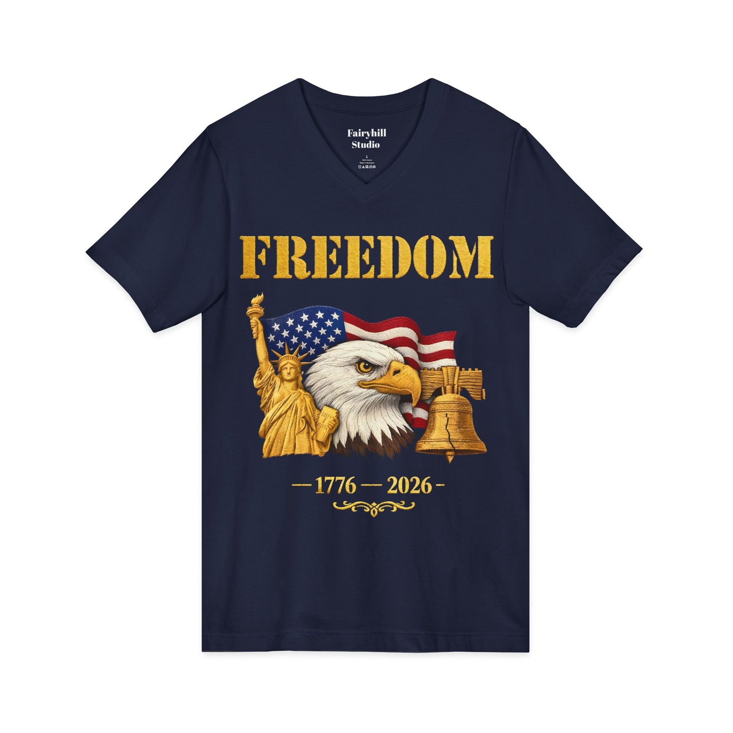 Freedom 1776–2026 Patriotic V-Neck Tee — Eagle, Flag & Liberty Bell 250th Anniversary