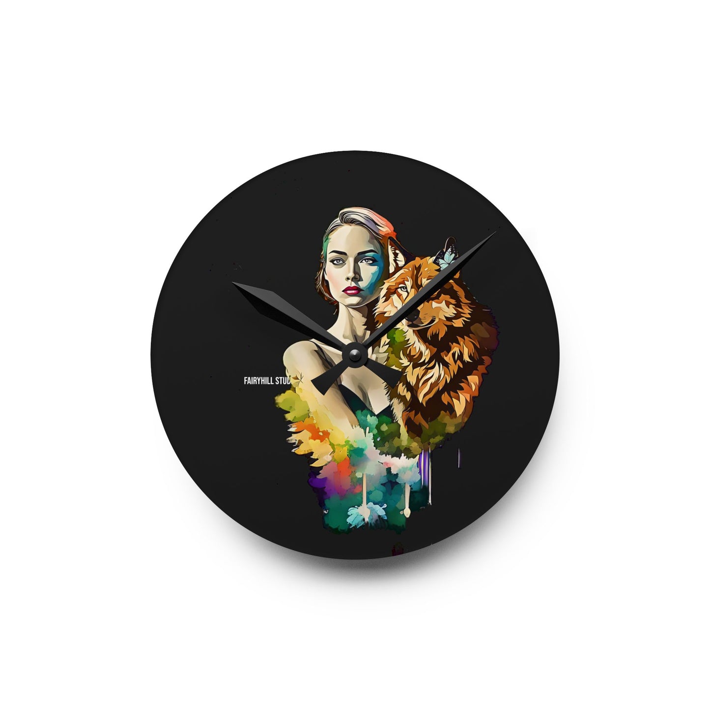 Acrylic Wall Clock -Girl with Spirit Animal Wolf/Art