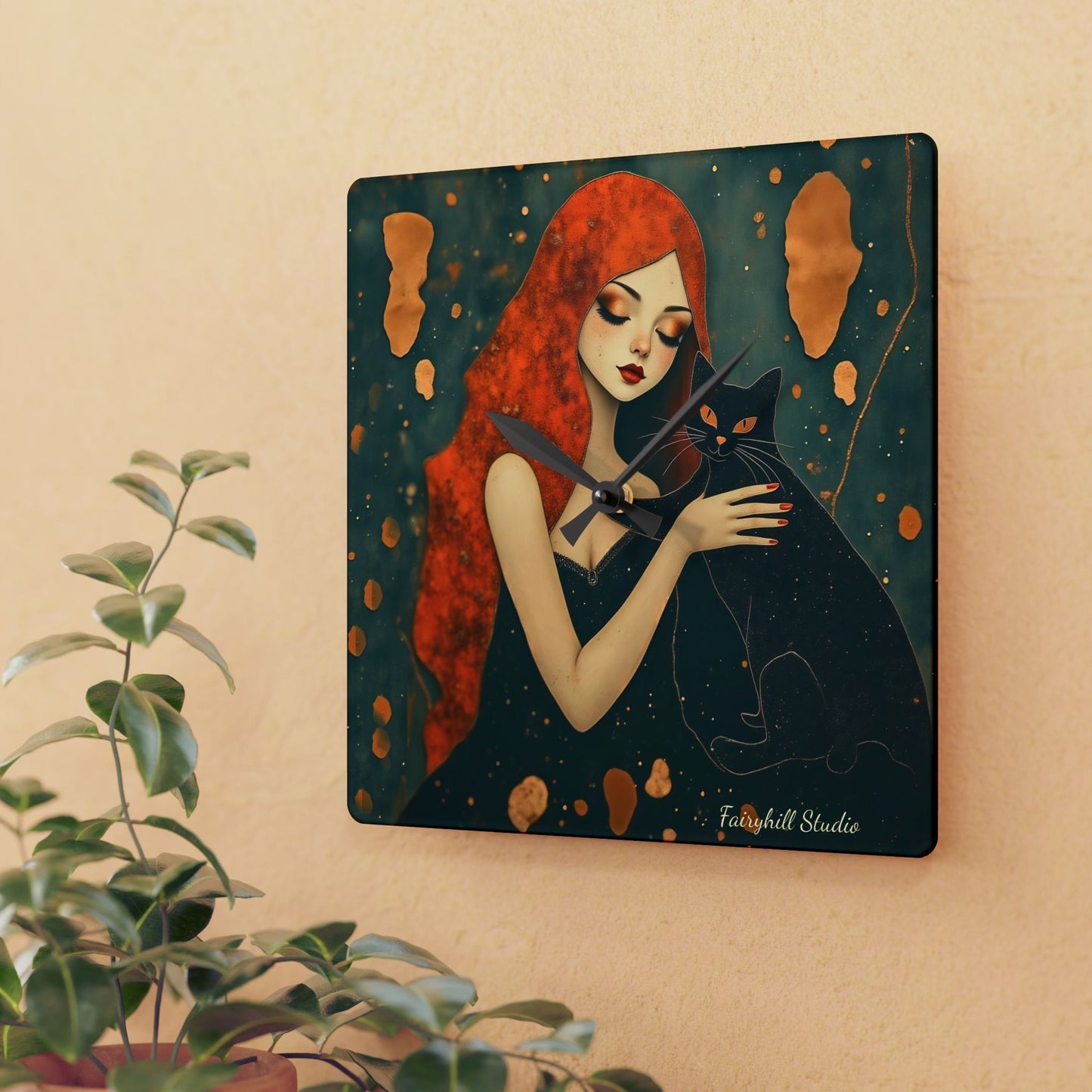 The Witching Hour Hug ,Girl with black cat   Wall clock  Gift   Acrylic Wall Clock