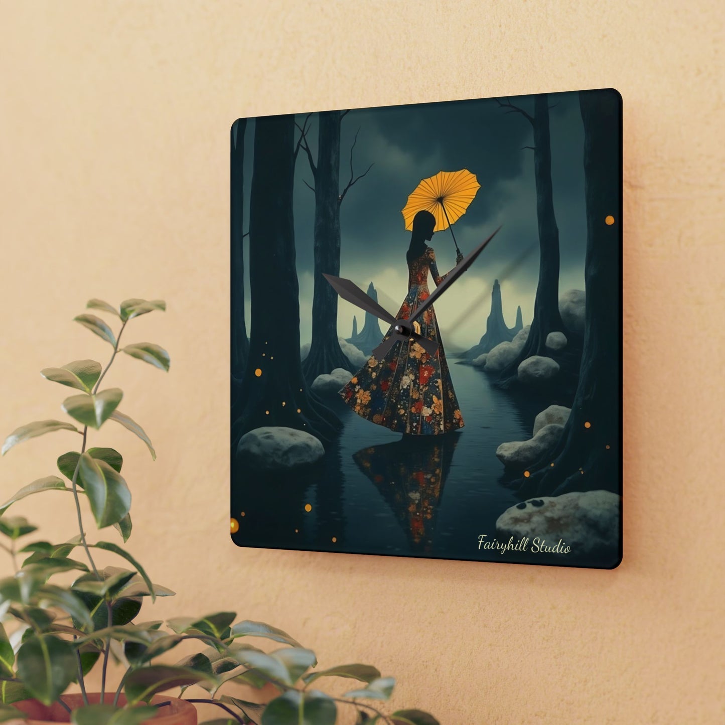 Yellow umbrella - by Fairyhill Studio  Wall clock  Gift   Acrylic Wall Clock