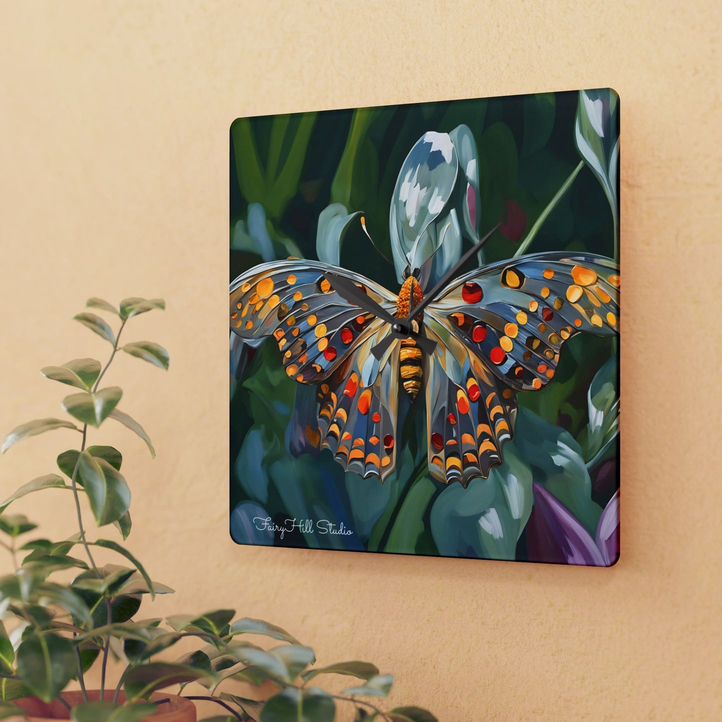 Acrylic Wall Clock - Lovely Butterfly on a Flower Art