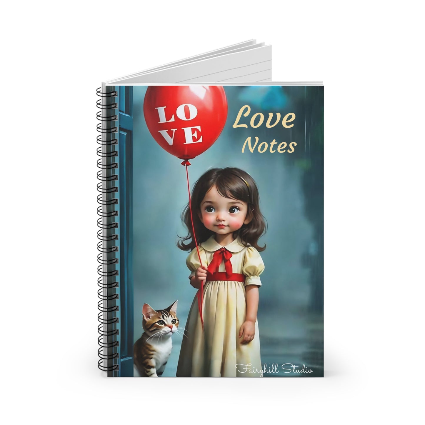 Spiral Notebook - Cute Girl with Love Balloon and Cat