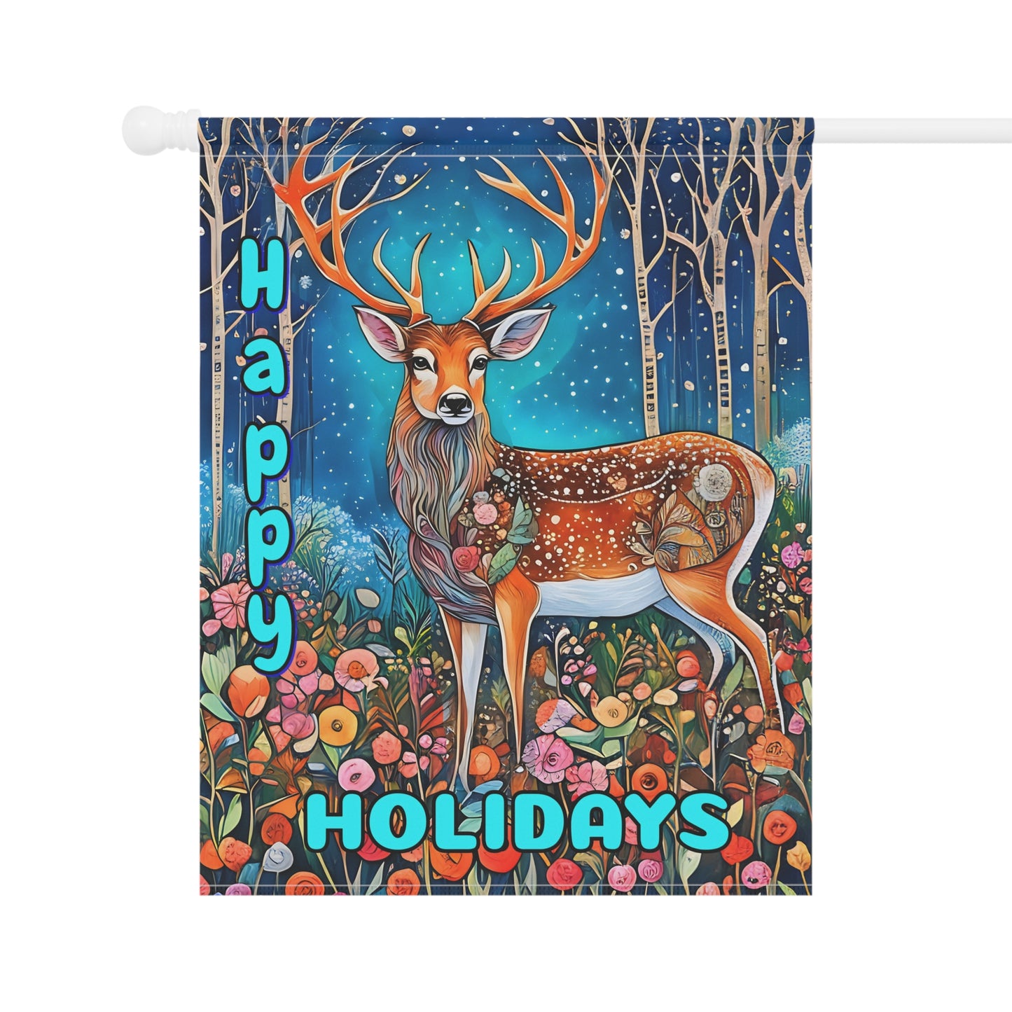 Garden Banner Deer Flag with vibrant colors and Happy Holidays Winter Yard Decor
