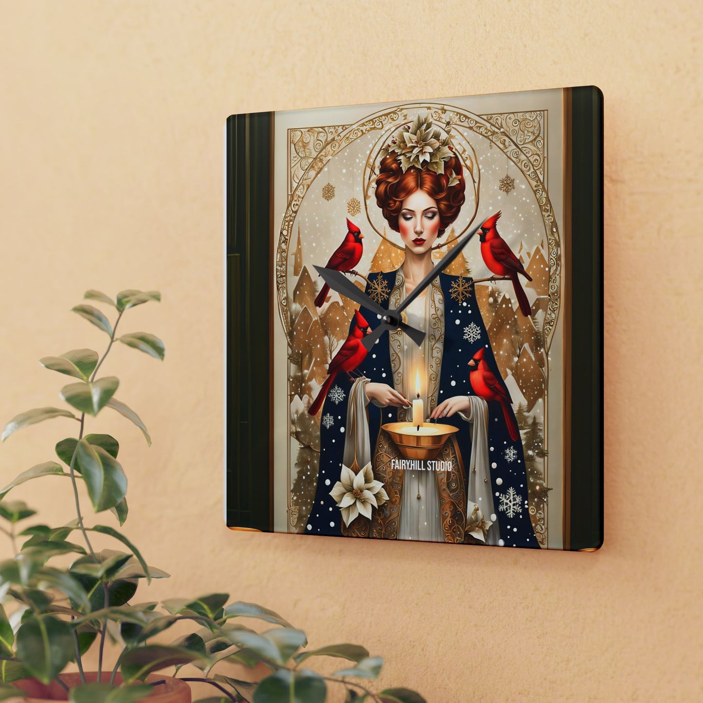 Acrylic Wall Clock - Girl with red Cardinal birds in winter