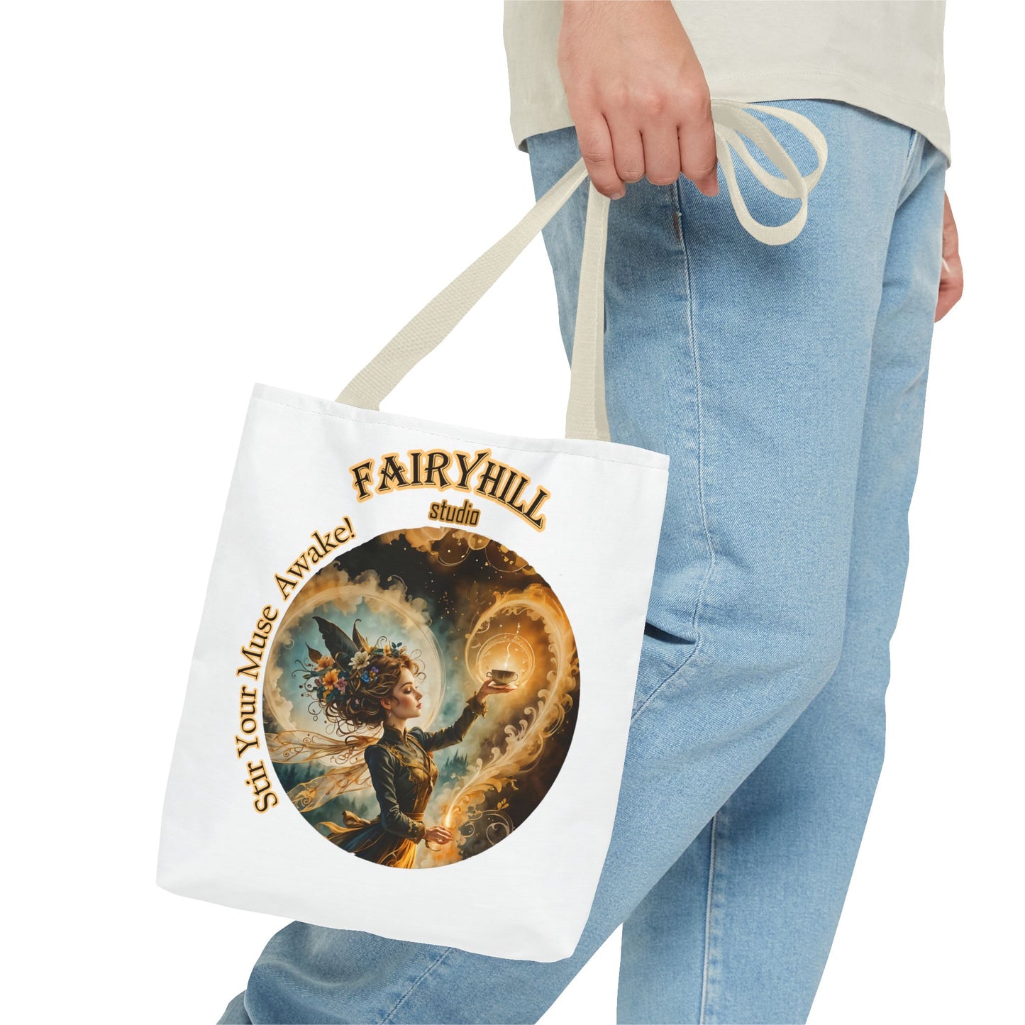 Coffee Fairy Tote Bag - 'Stir your muse awake' Quote Art by Fairyhill Studio