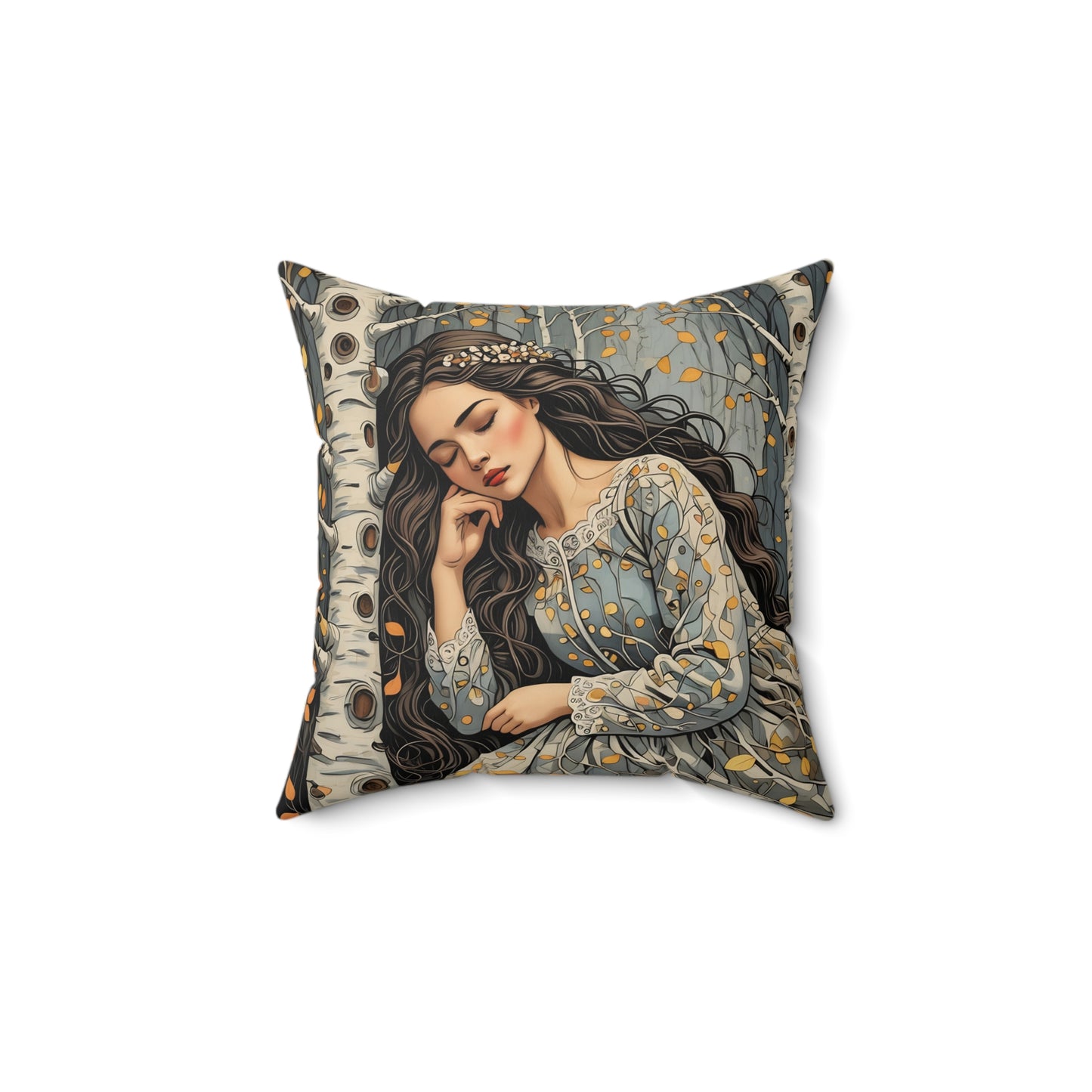 Square Pillow - Sleeping Beauty of the Birch Forest Fairy Hill Studio Art Design