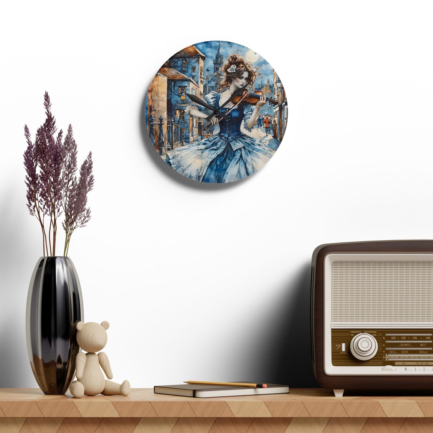 Acrylic Wall Clock - Blue Gypsy with a Violin Art