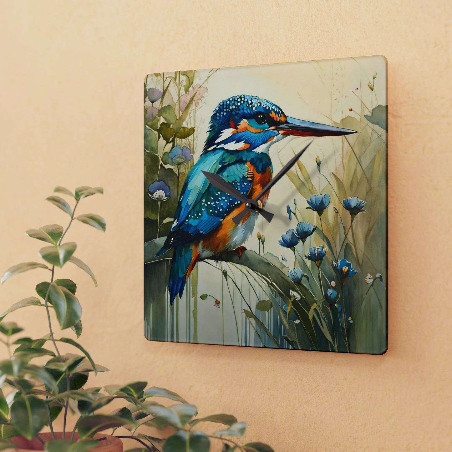 Acrylic Wall Clock - Lovely Colors King Fisher Art by Fairyhill Studio