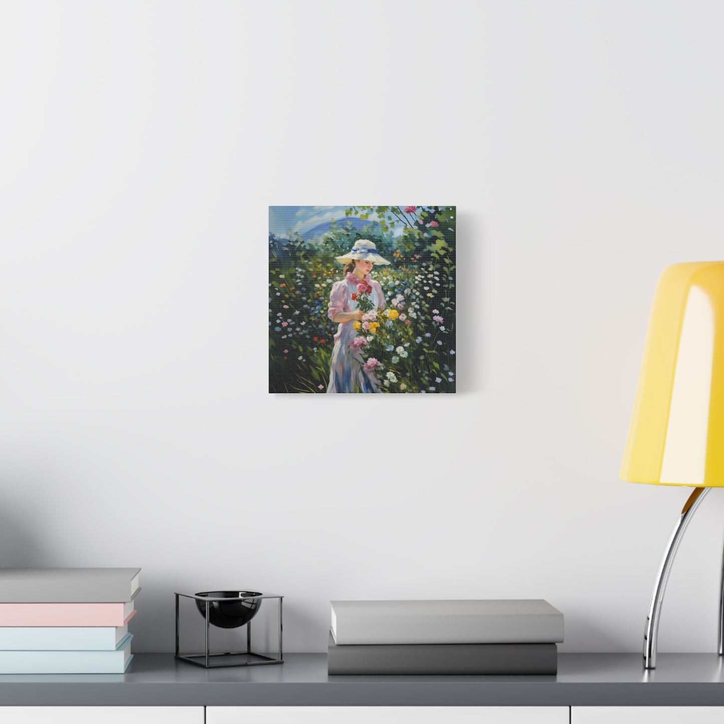 Canvas Art - Monet Style Floral Serenity with Elegant Woman and Flower Basket, Stretched Matte 1 25"