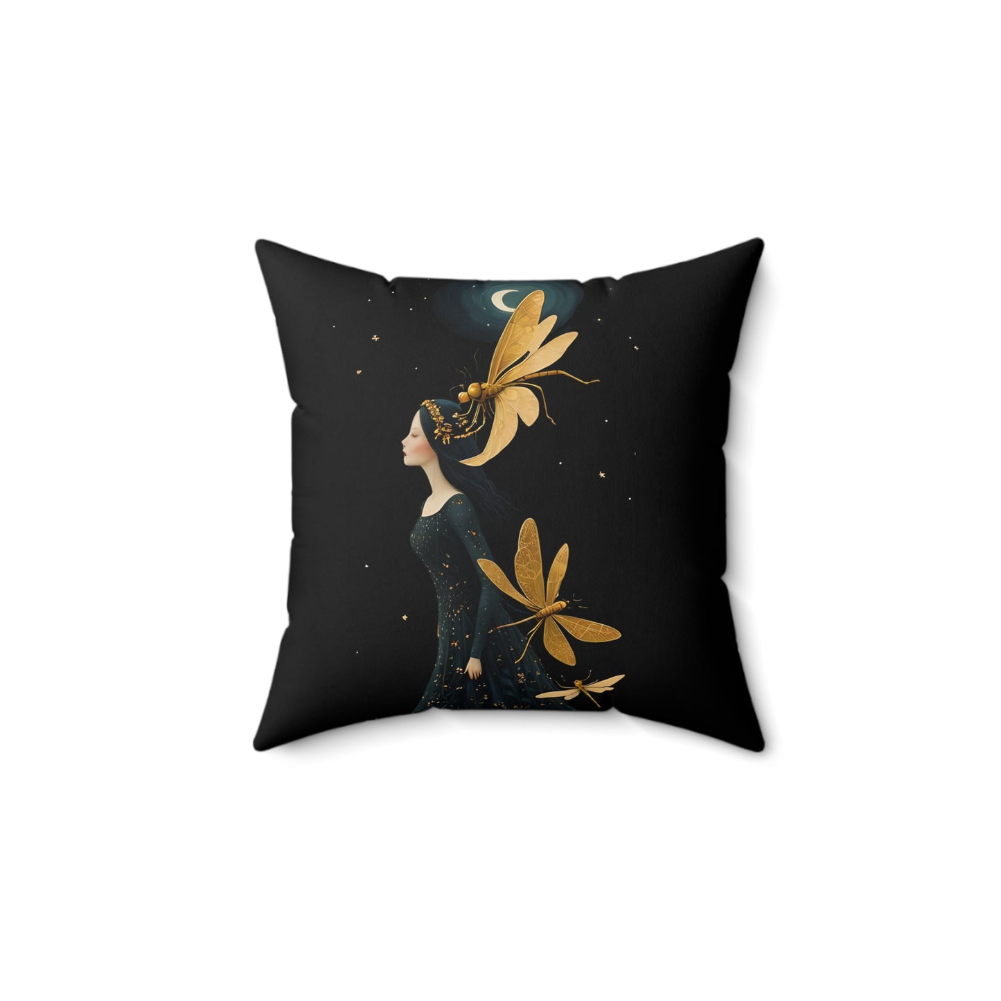 Square Pillow - Midnight Girl with Golden Dragonflies at Night Art by Fairyhill Studio