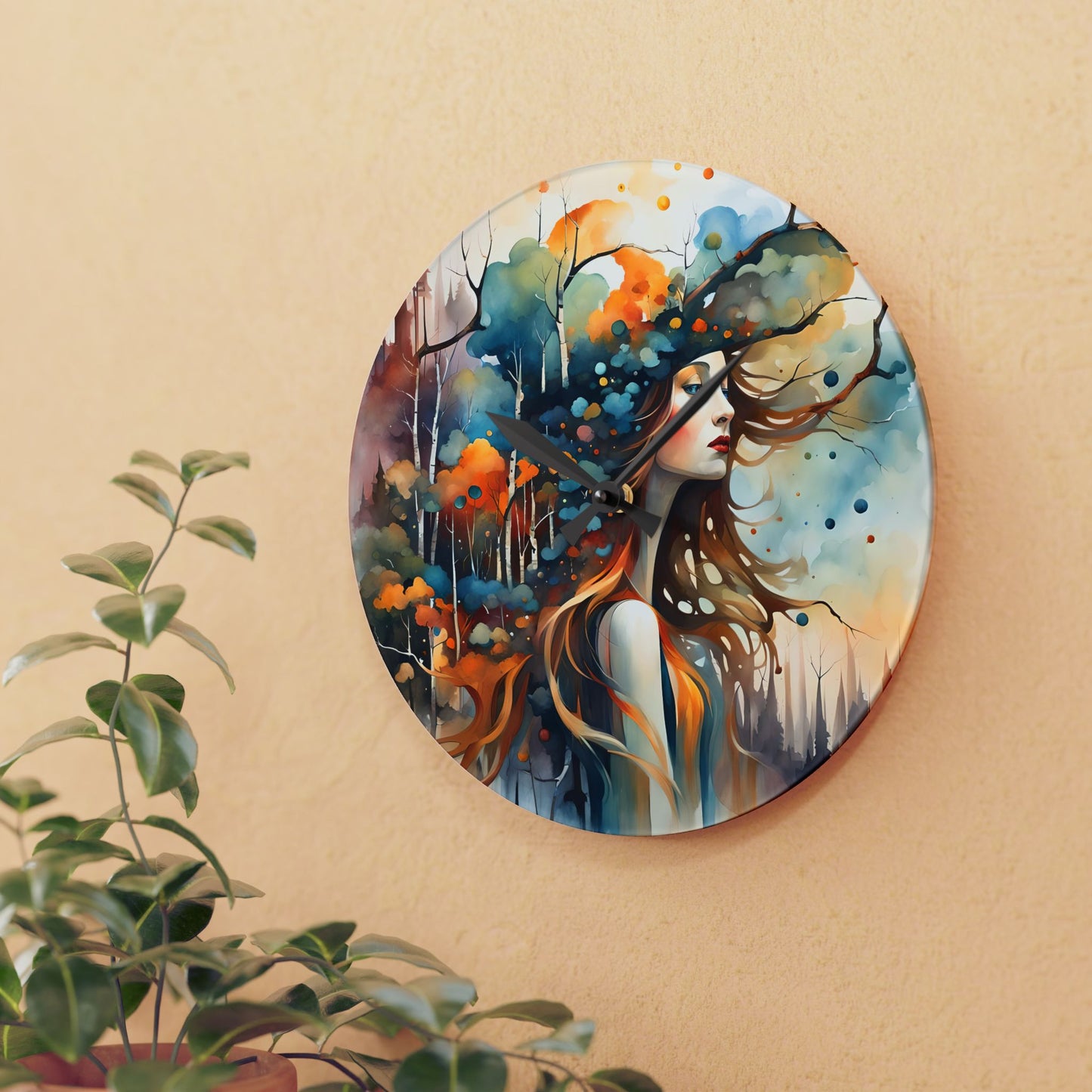 Wall Clock - Color of Dreams Woman with Hat Rainbow Art