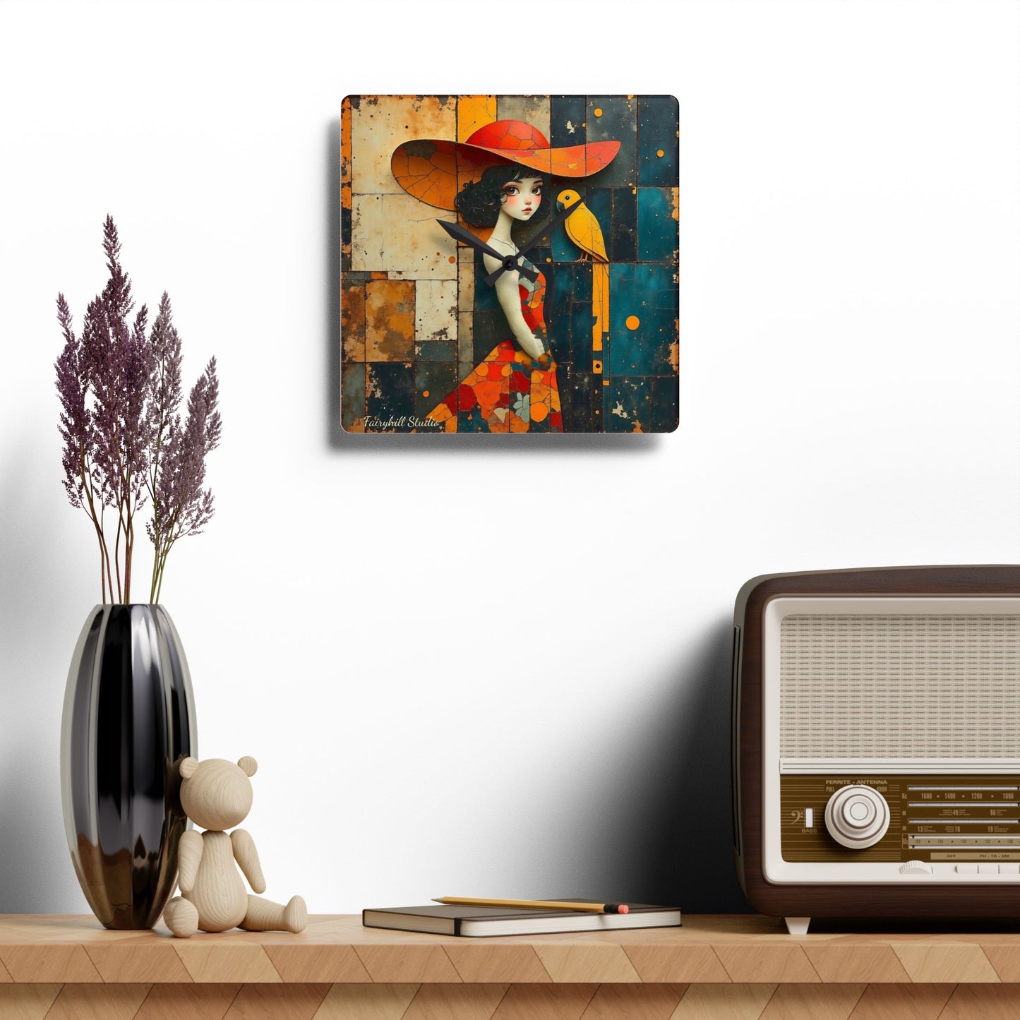 Girl with a yellow parrot Acrylic Wall Clock