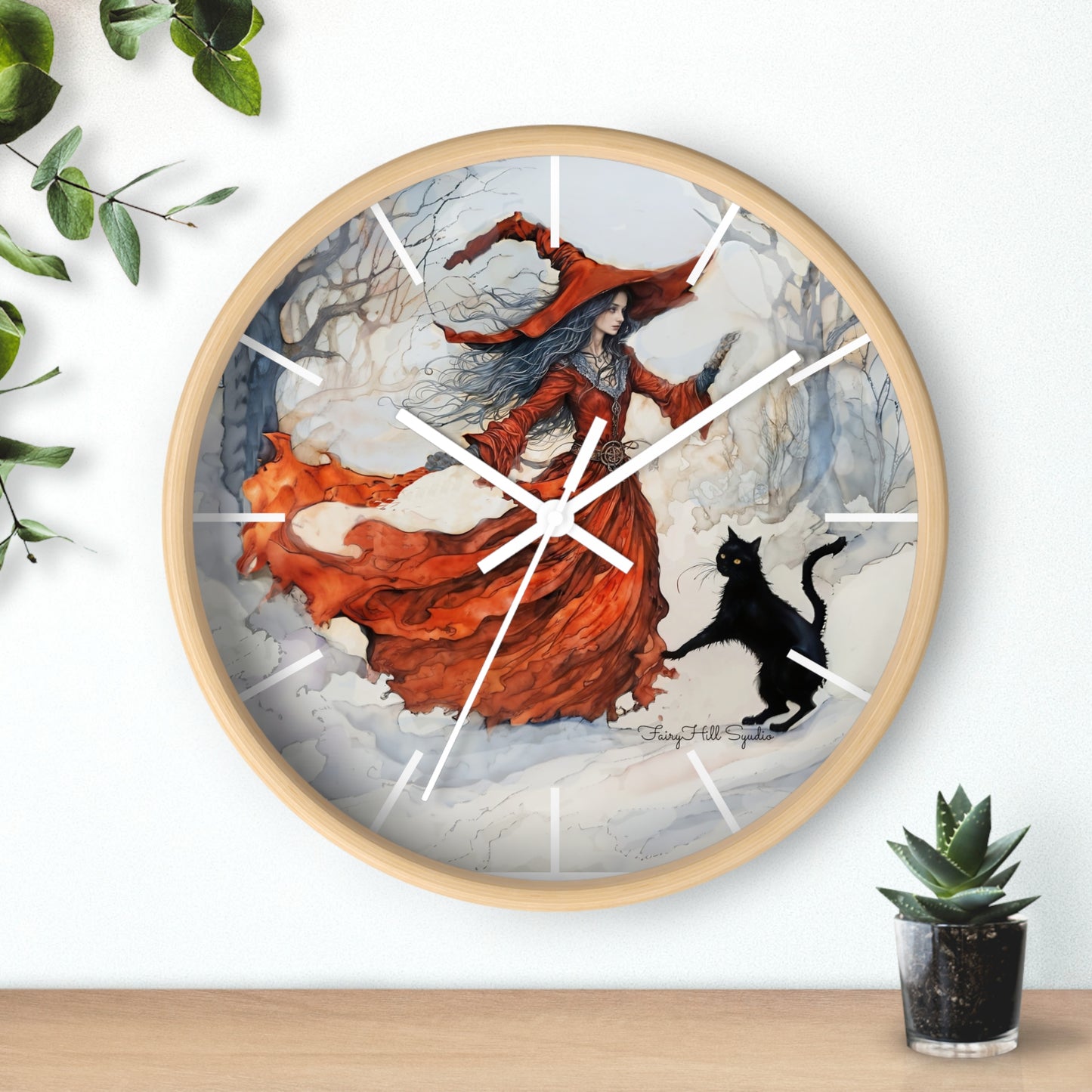 Crimson Witch with black cat Wall Clock, Boho Home Decor, Cat Lover Gift, Cozy Living Room Accessory, Unique Cat Artwork