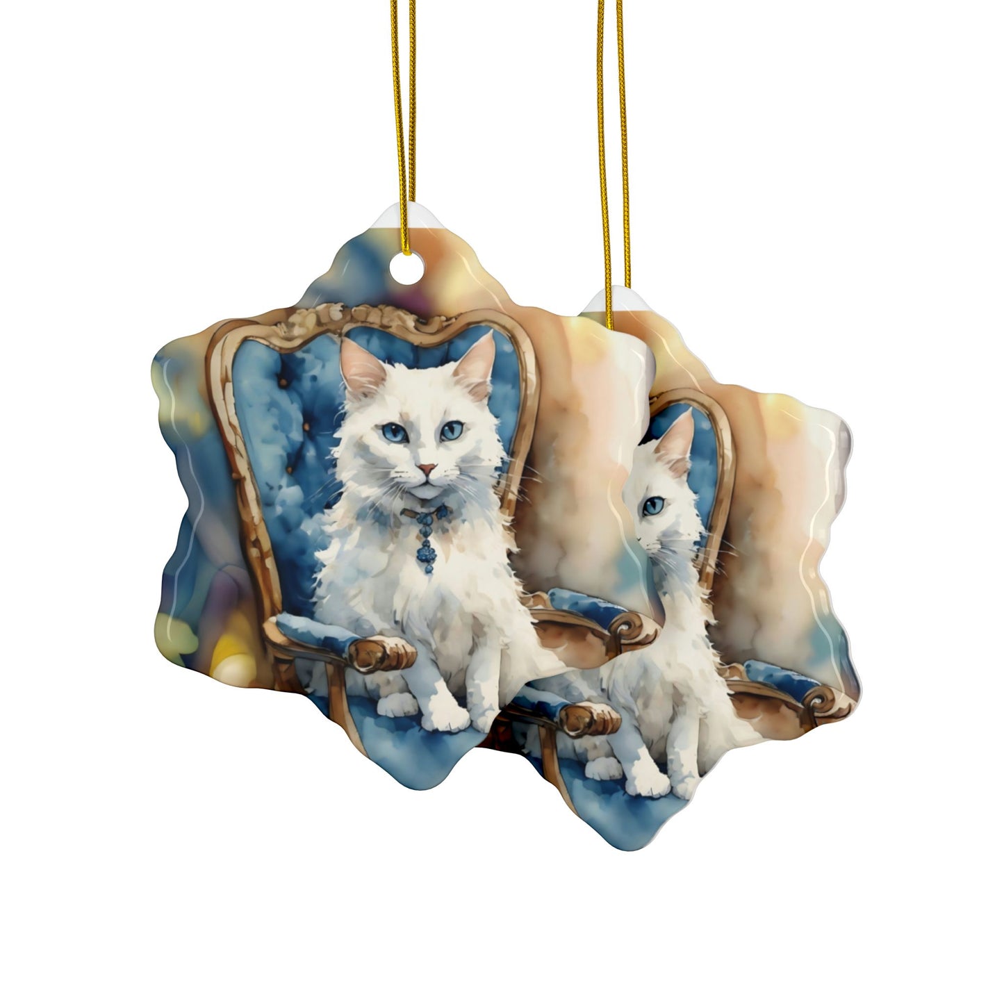 Ceramic Ornaments - White Cat on Blue Chair - 2-Side Print - Holiday Decor