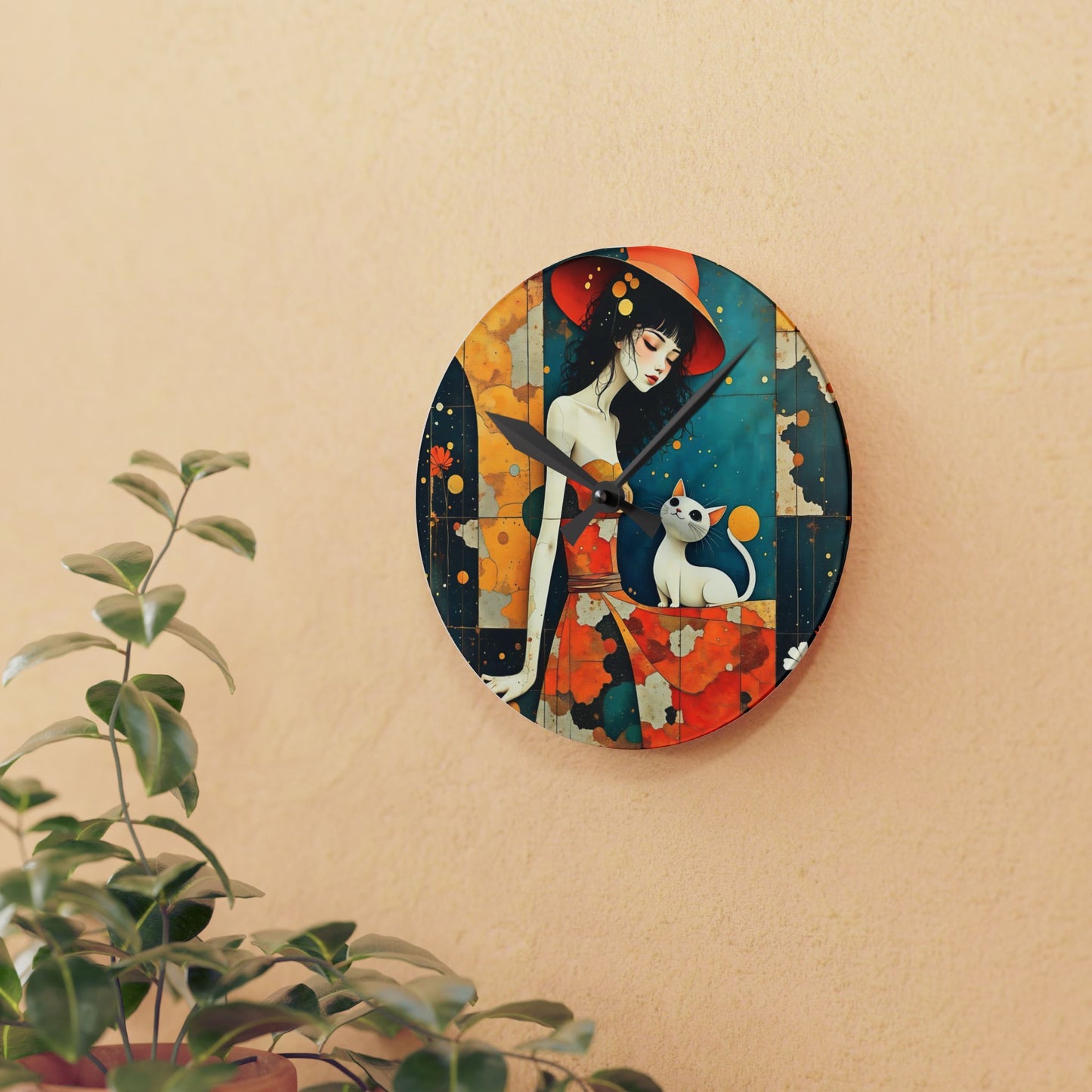 Witch with white cat Acrylic Wall Clock