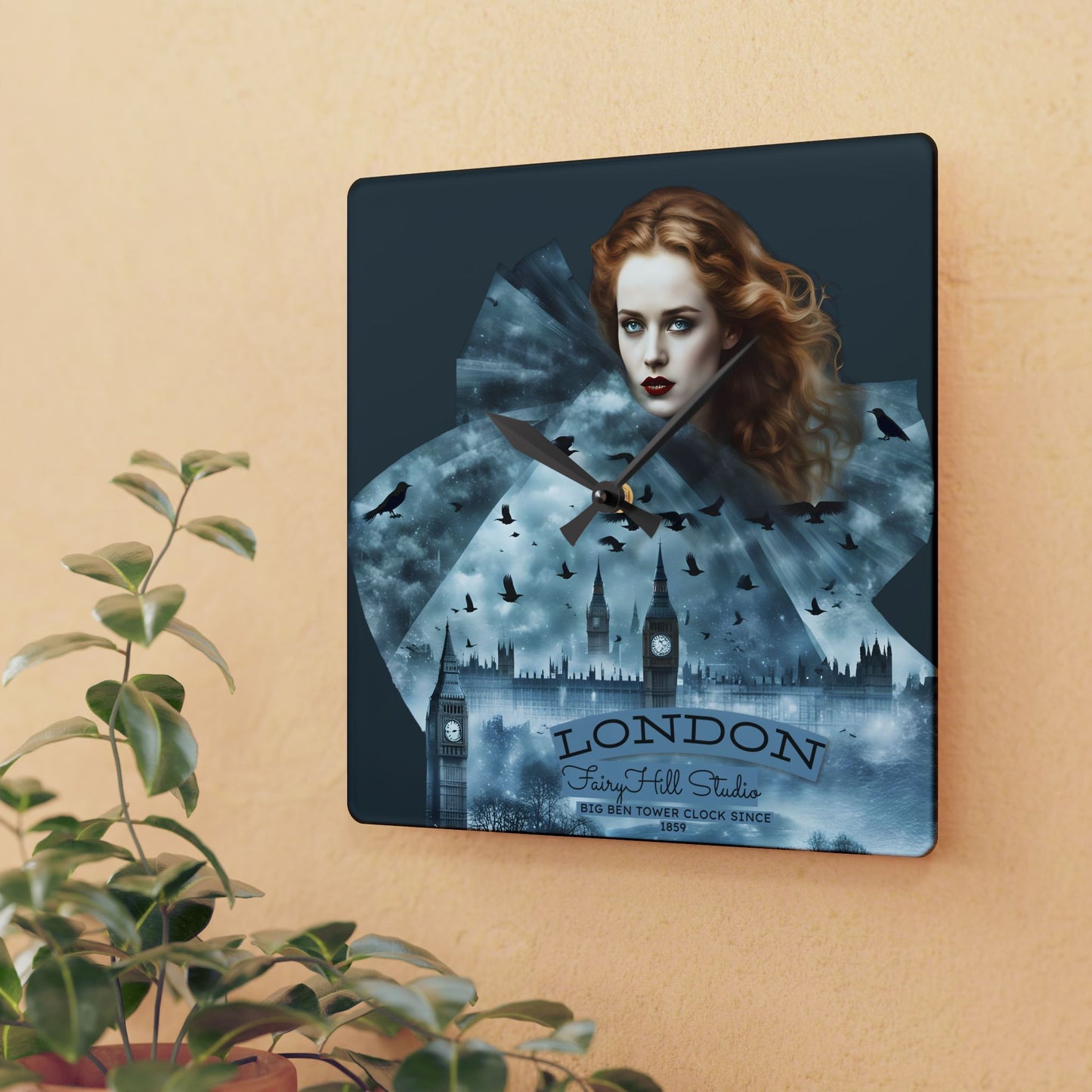 London Skyline Acrylic Wall Clock - Red Head Girl Design