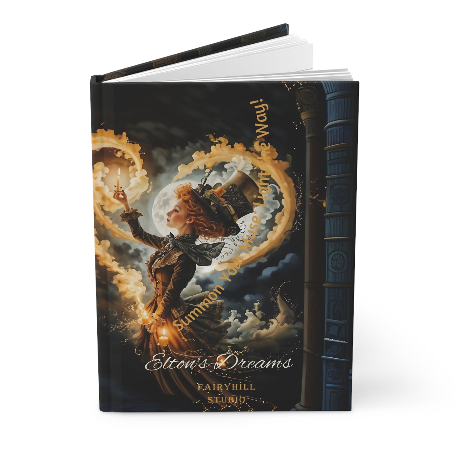 Hardcover Journal Matte - Whimsical Art by Fairyhill Studio with Moon Mad Hatter and Fairy with Candle Design