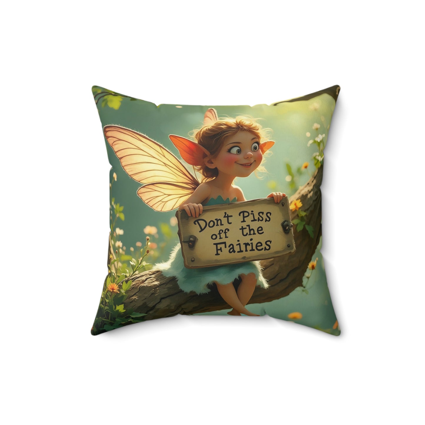 Square Pillow - "Don't Piss Off the Fairies"  Fairy Art Quote  by Fairyhill Studio