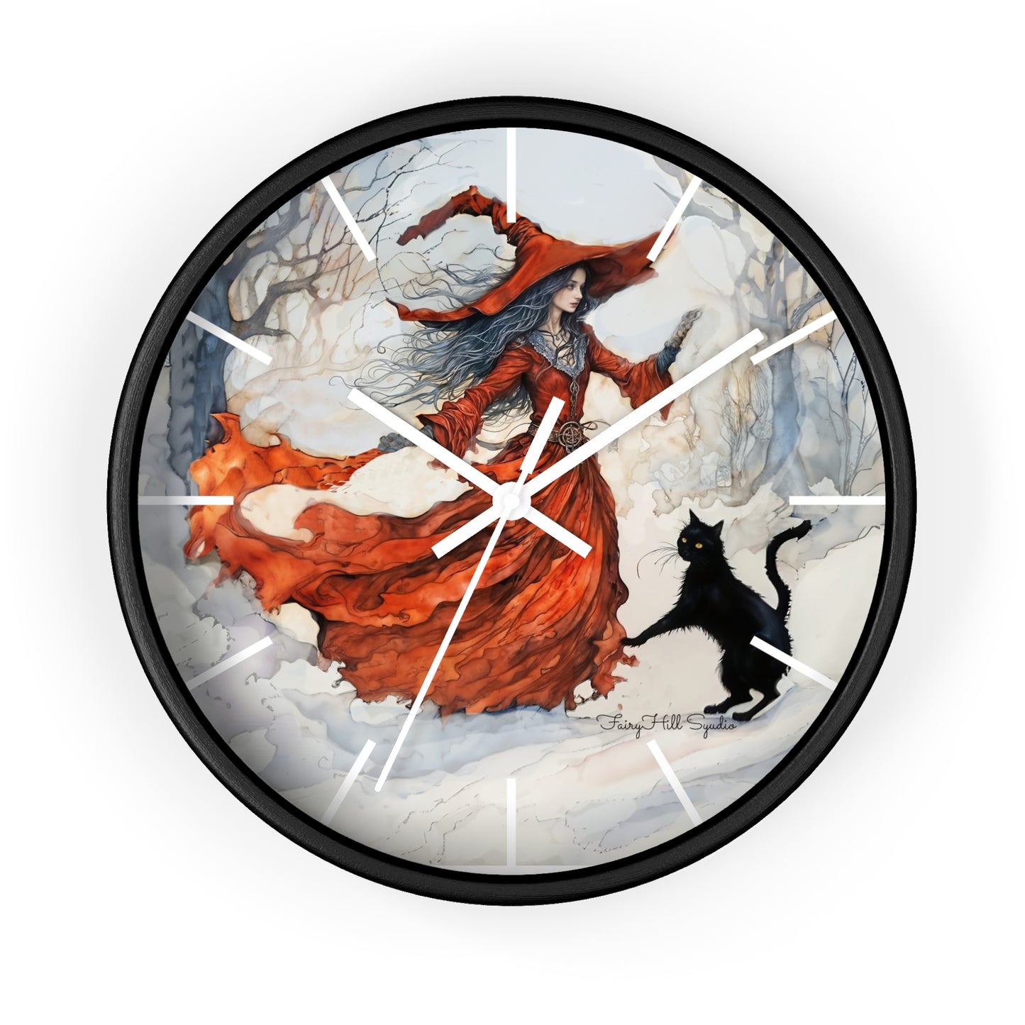 Crimson Witch with black cat Wall Clock, Boho Home Decor, Cat Lover Gift, Cozy Living Room Accessory, Unique Cat Artwork