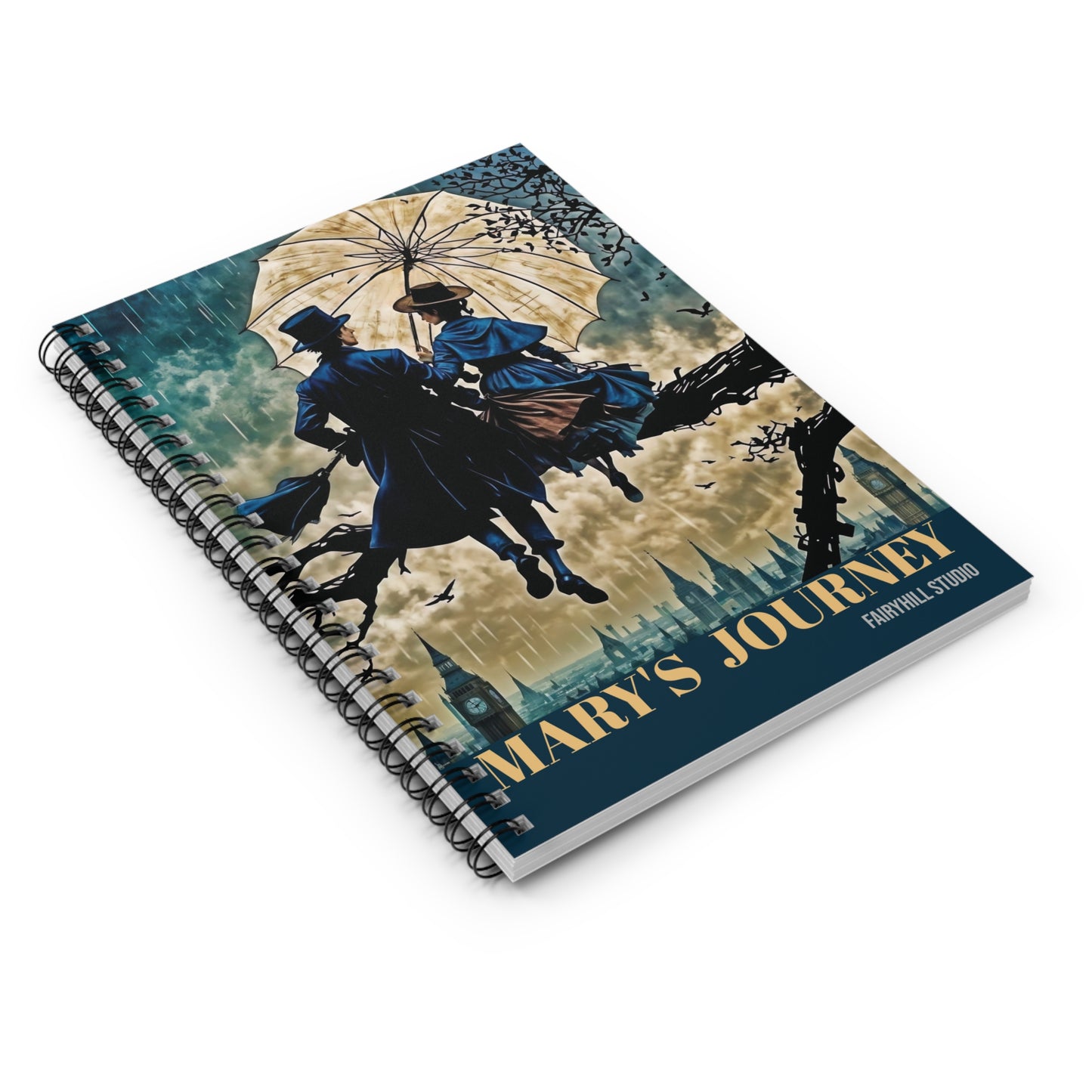 Notebook Journal - Young Couple Watching London City Under Rain with Umbrella, Ruled Line