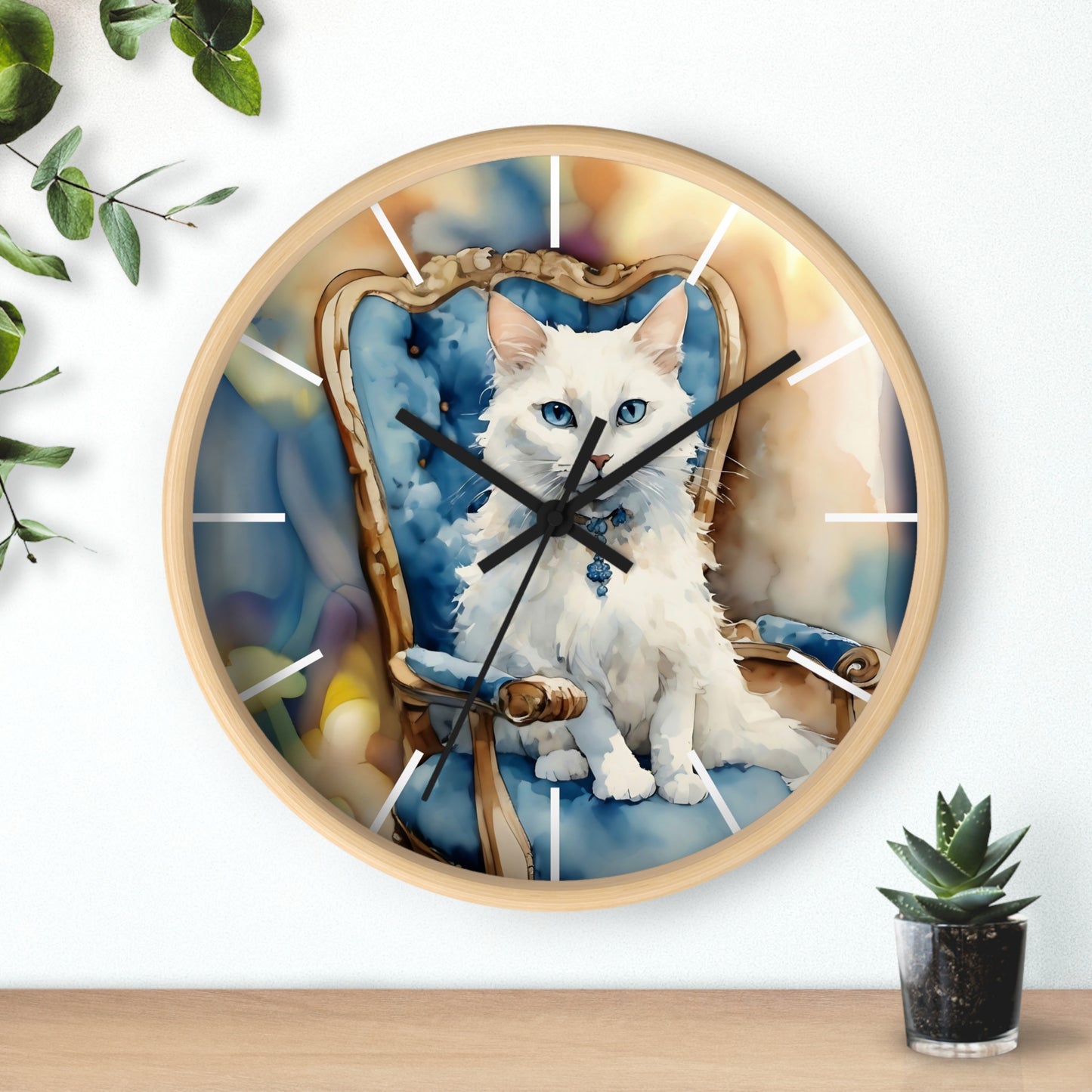 Wall Clock - White Cat with Blue Eyes Art by Fairy Hill Studio
