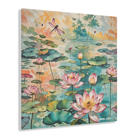 Art Acrylic Prints Dragonfly Pond with lotus flowers watercolor  Art