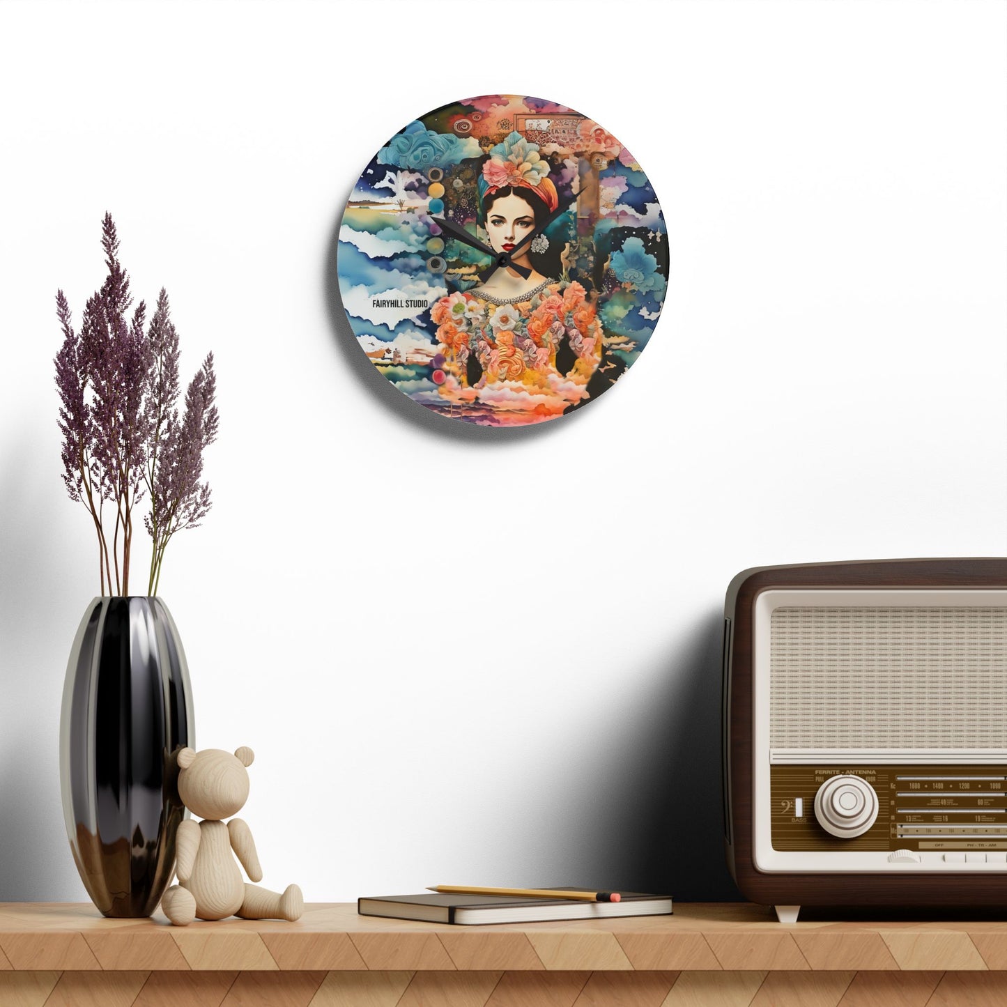 Wall Clock - Tropical Flower Girl Collage Art Acrylic Wall Clock