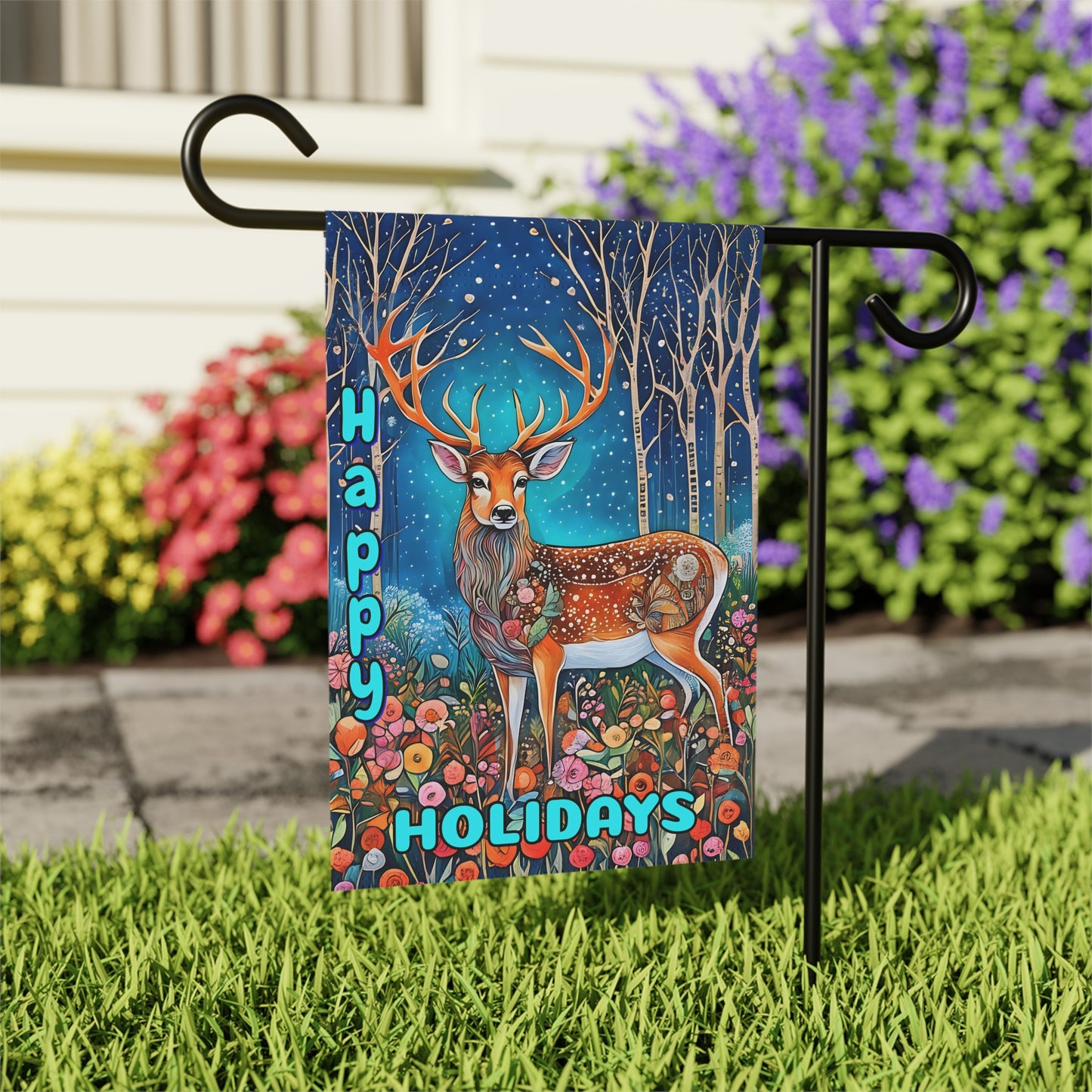 Garden Banner Deer Flag with vibrant colors and Happy Holidays Winter Yard Decor