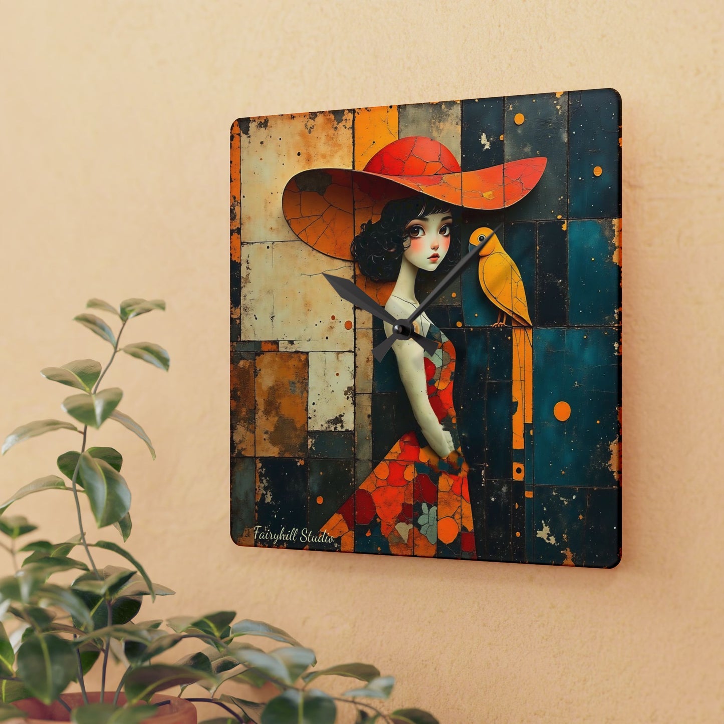 Girl with a yellow parrot Acrylic Wall Clock