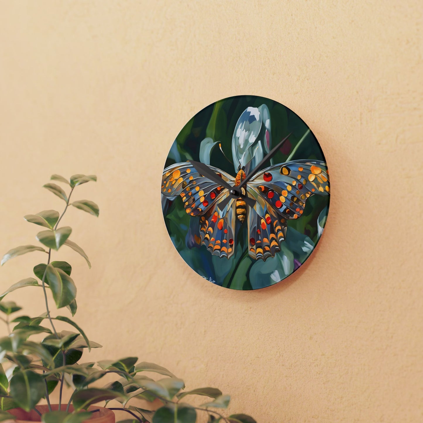 Acrylic Wall Clock - Lovely Butterfly on a Flower Art
