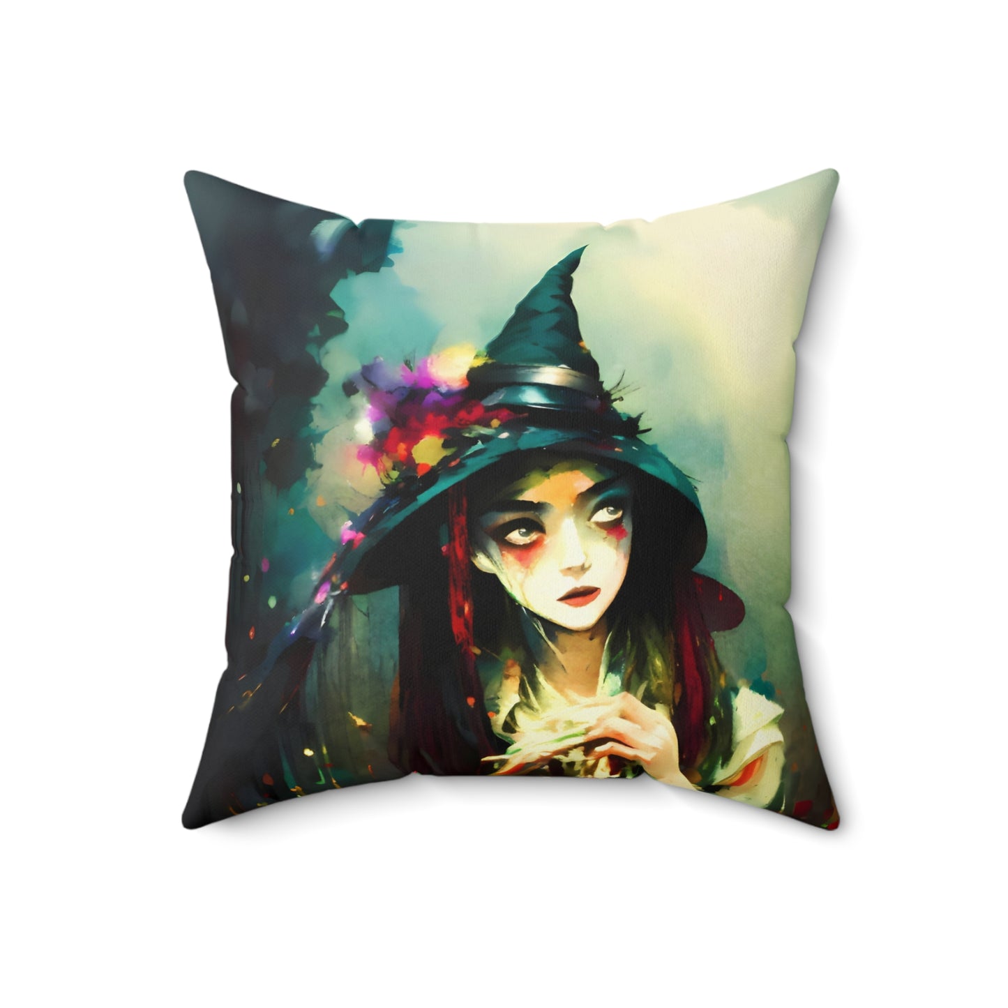 Square Pillow - Colorful Halloween Witch Pillow by Fairyhill Studio