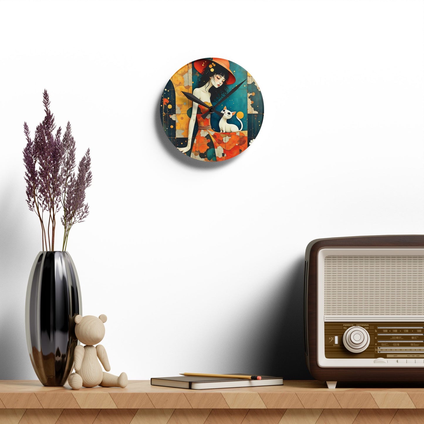 Witch with white cat Acrylic Wall Clock