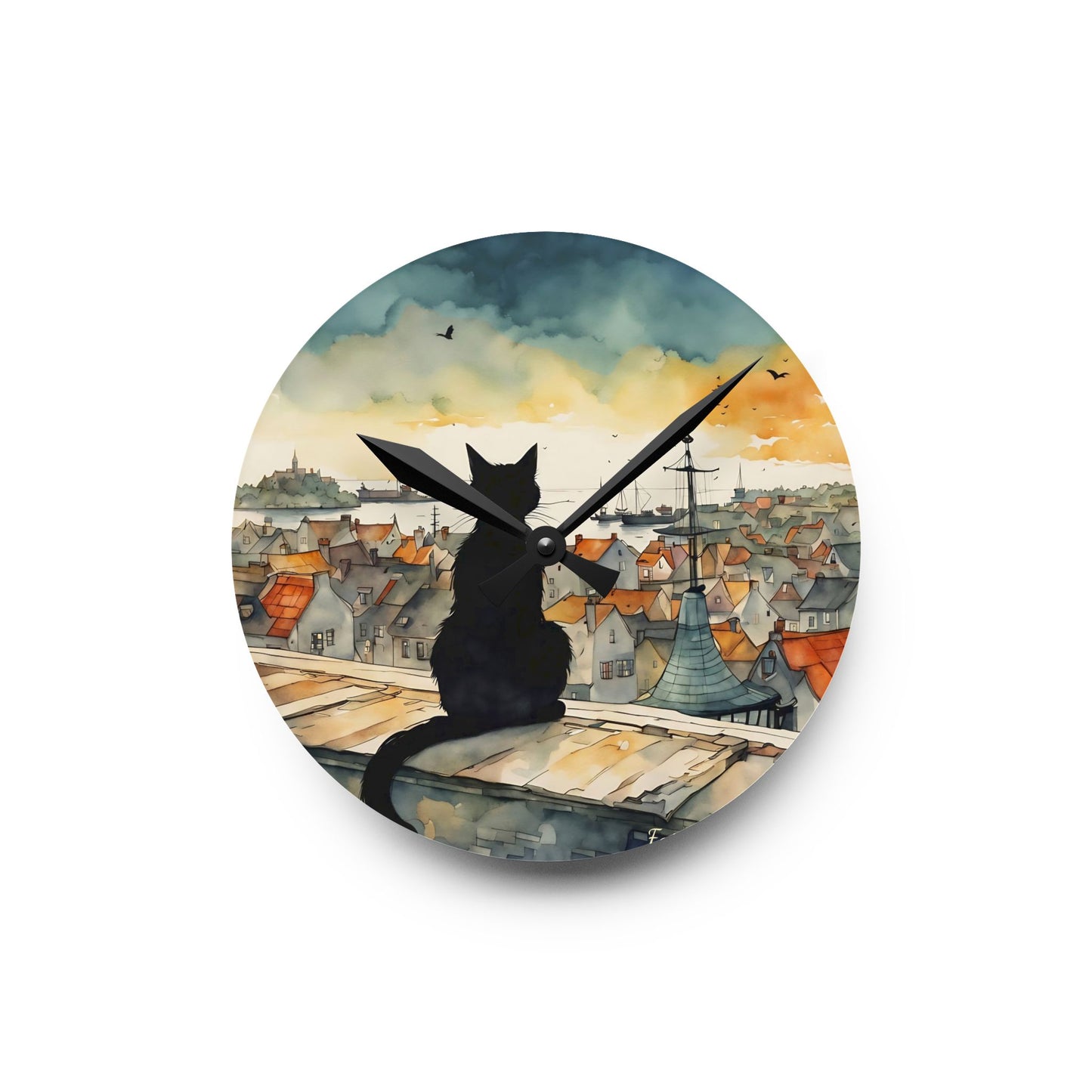 Black Cat on a roof top - by Fairyhill Studio  Wall clock  Gift   Acrylic Wall Clock