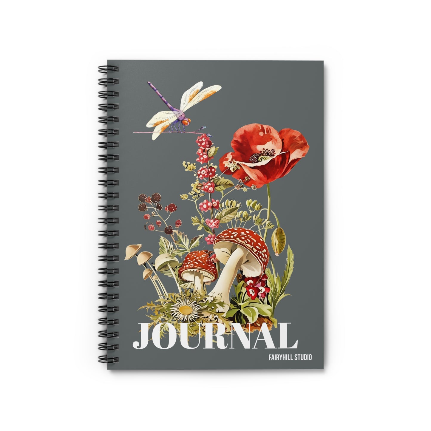Spiral Notebook -Poppies mushrooms ,wild flowers and a Dragonfly