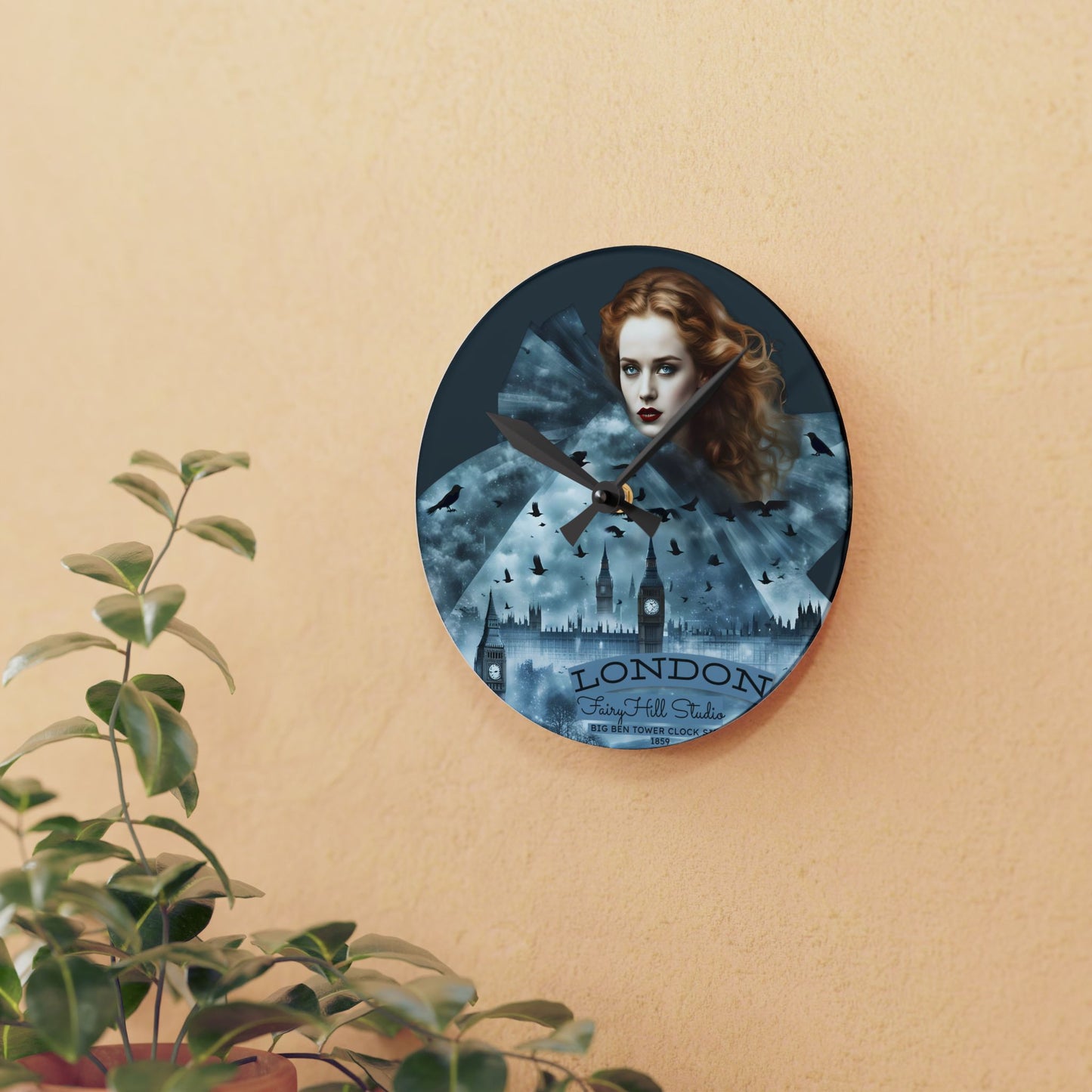 London Skyline Acrylic Wall Clock - Red Head Girl Design