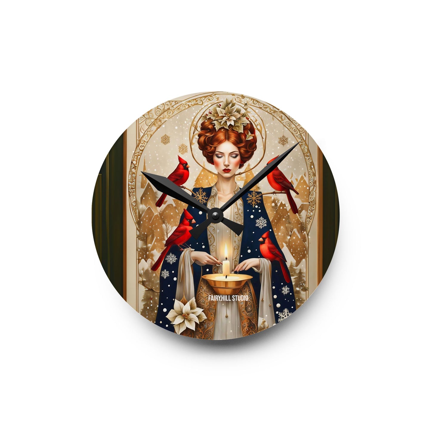 Acrylic Wall Clock - Girl with red Cardinal birds in winter