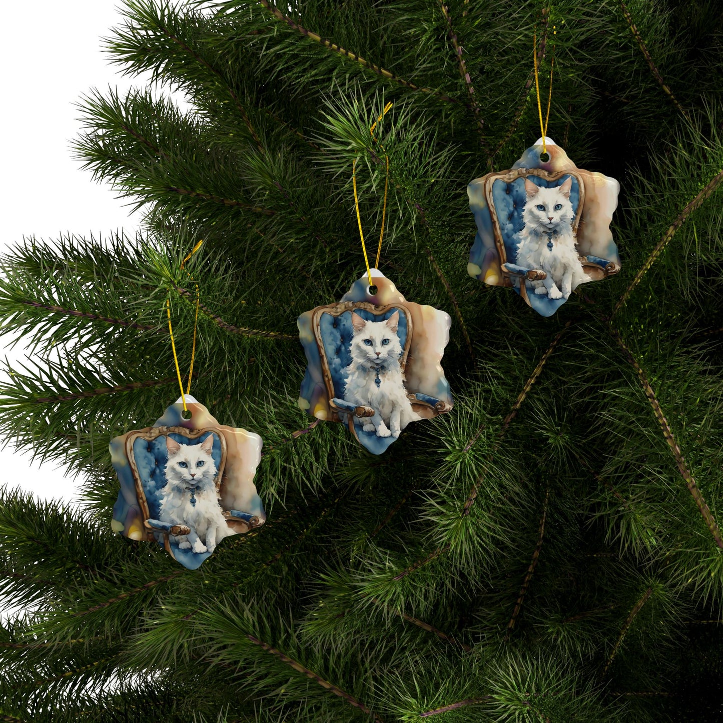 Ceramic Ornaments - White Cat on Blue Chair - 2-Side Print - Holiday Decor