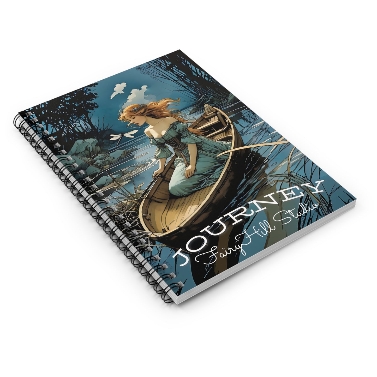 Spiral Notebook - Girl in a Boat on a River with Dragonfly Art