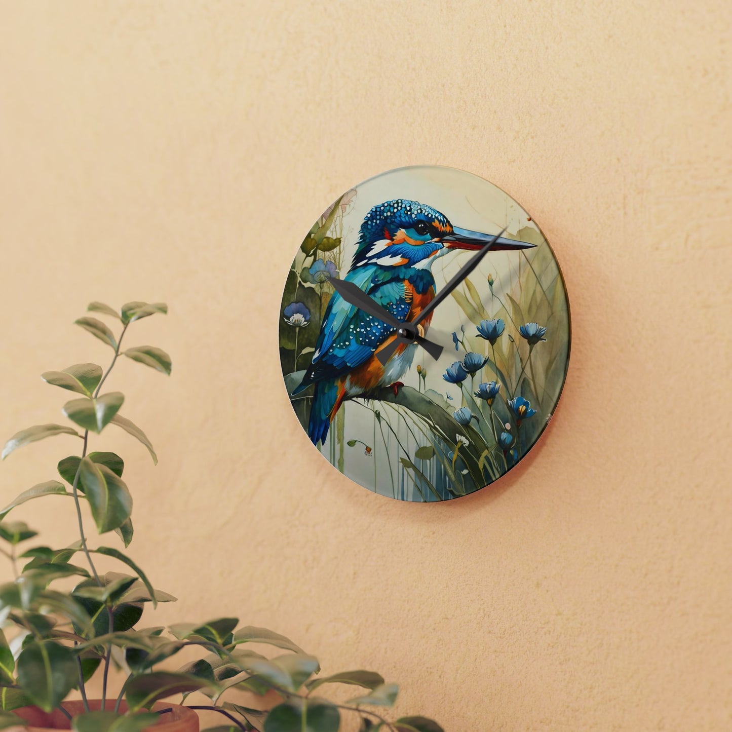 Acrylic Wall Clock - Lovely Colors King Fisher Art by Fairyhill Studio