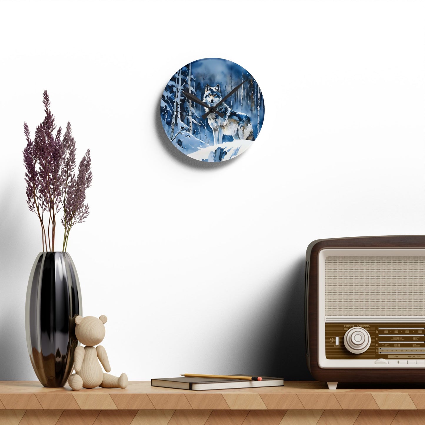 Acrylic Wall Clock - Winter Wolf at Night Blue/Black Art by Fairyhill Studio